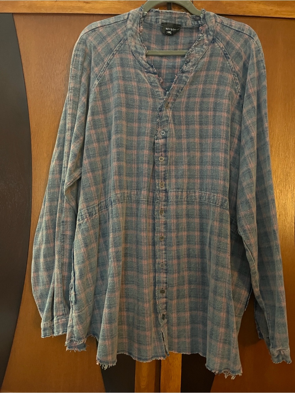 Heyson Pink&Blue Brushed Plaid Button-Up Shirt w/Frayed Hem-Frayed Edge V-Neck